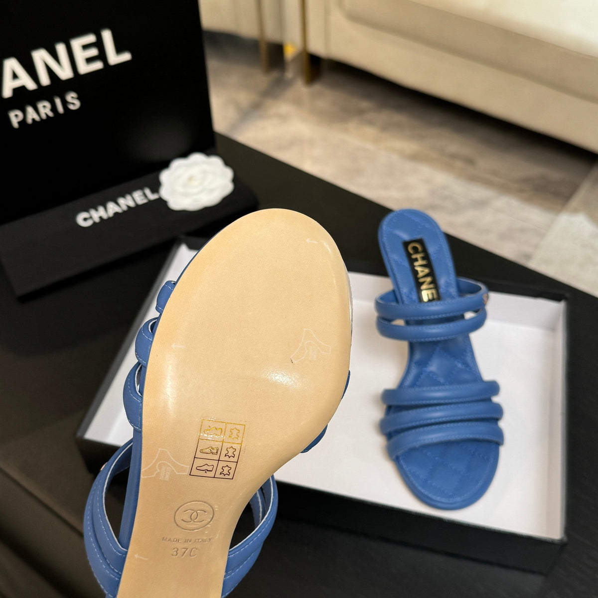CC 26C Double C Strap Sandals Blue Sheepskin