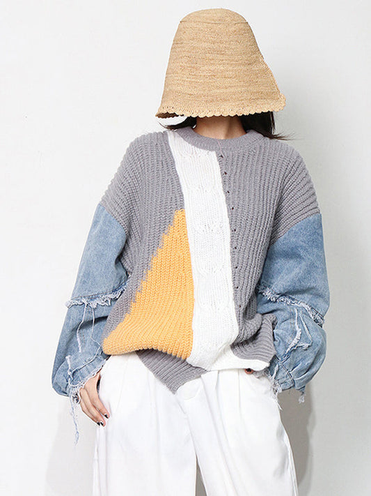 Stylish Denim Knitting Split-Joint Contrast Color Sweater Top