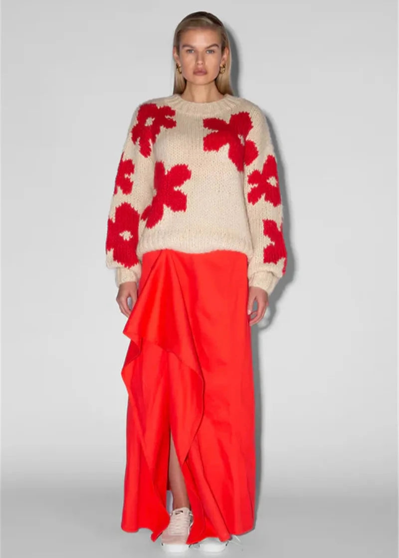 Floral Knit Sweater Thick Cozy Beige Red