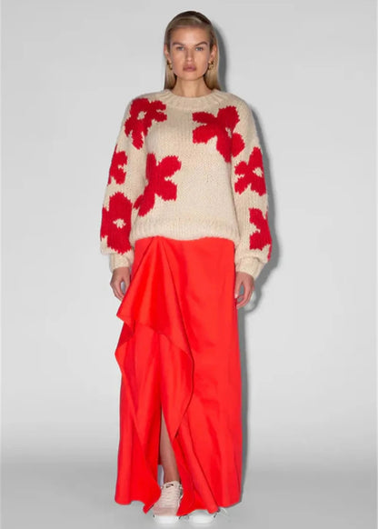 Floral Knit Sweater Thick Cozy Beige Red