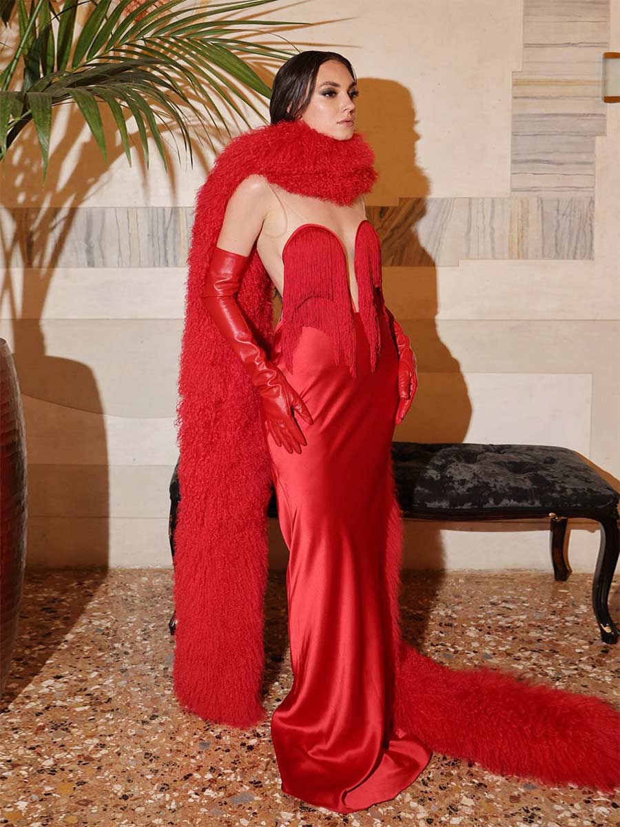 Elina Strapless Fringe Maxi Dress with Fur Collar