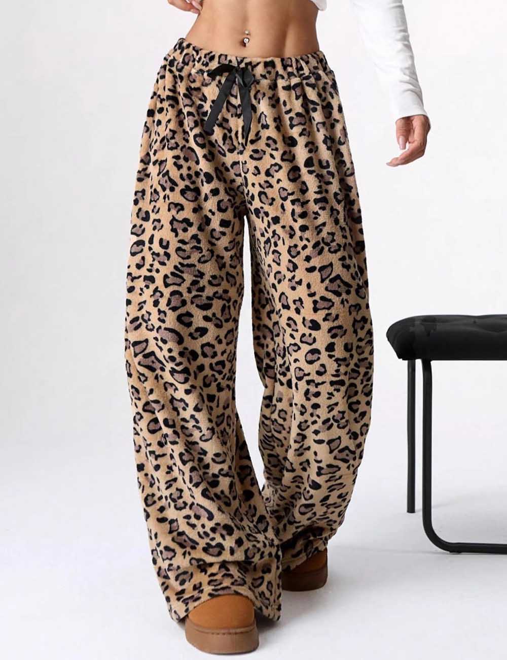 Casual Leopard Print Elastic Waist Wide Leg Pants
