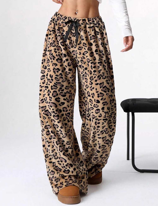 Casual Leopard Print Elastic Waist Wide Leg Pants