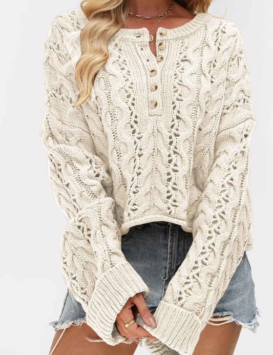 Cable Knit Round Neck Button Pullover Sweater
