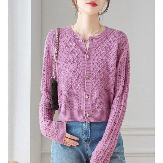 Round Neck Lace Mesh Knit Cardigan Sweater