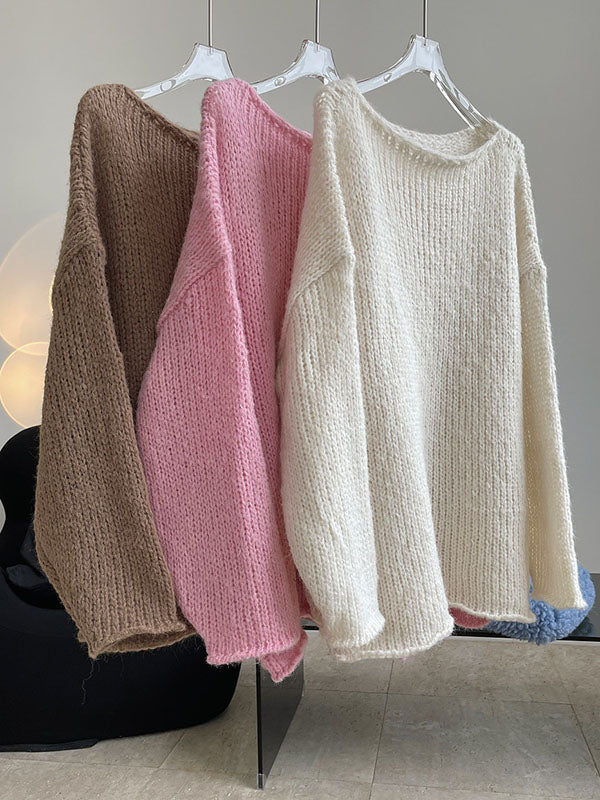 Casual Loose Long Sleeves Split-Side Solid Color High-Neck Sweater Tops