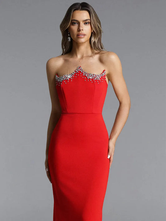 Gabriela Glamorous Strapless Rhinestone Bandage Maxi Dress