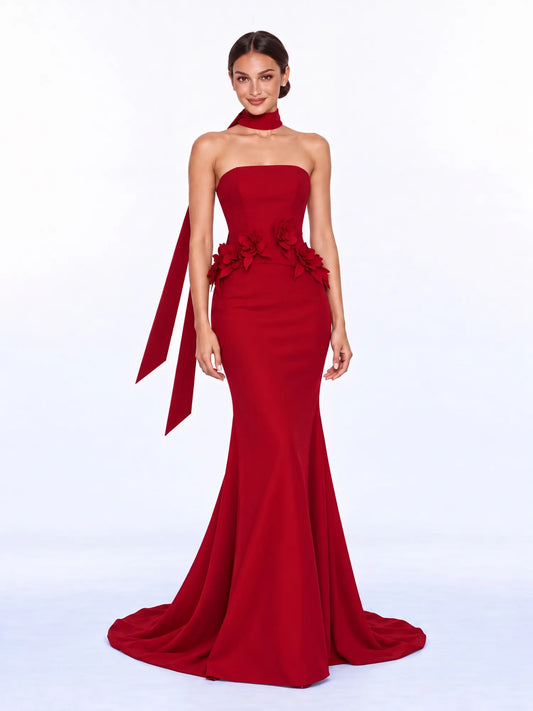 Raquel Elegant Strapless Maxi Dress with 3D Floral Details