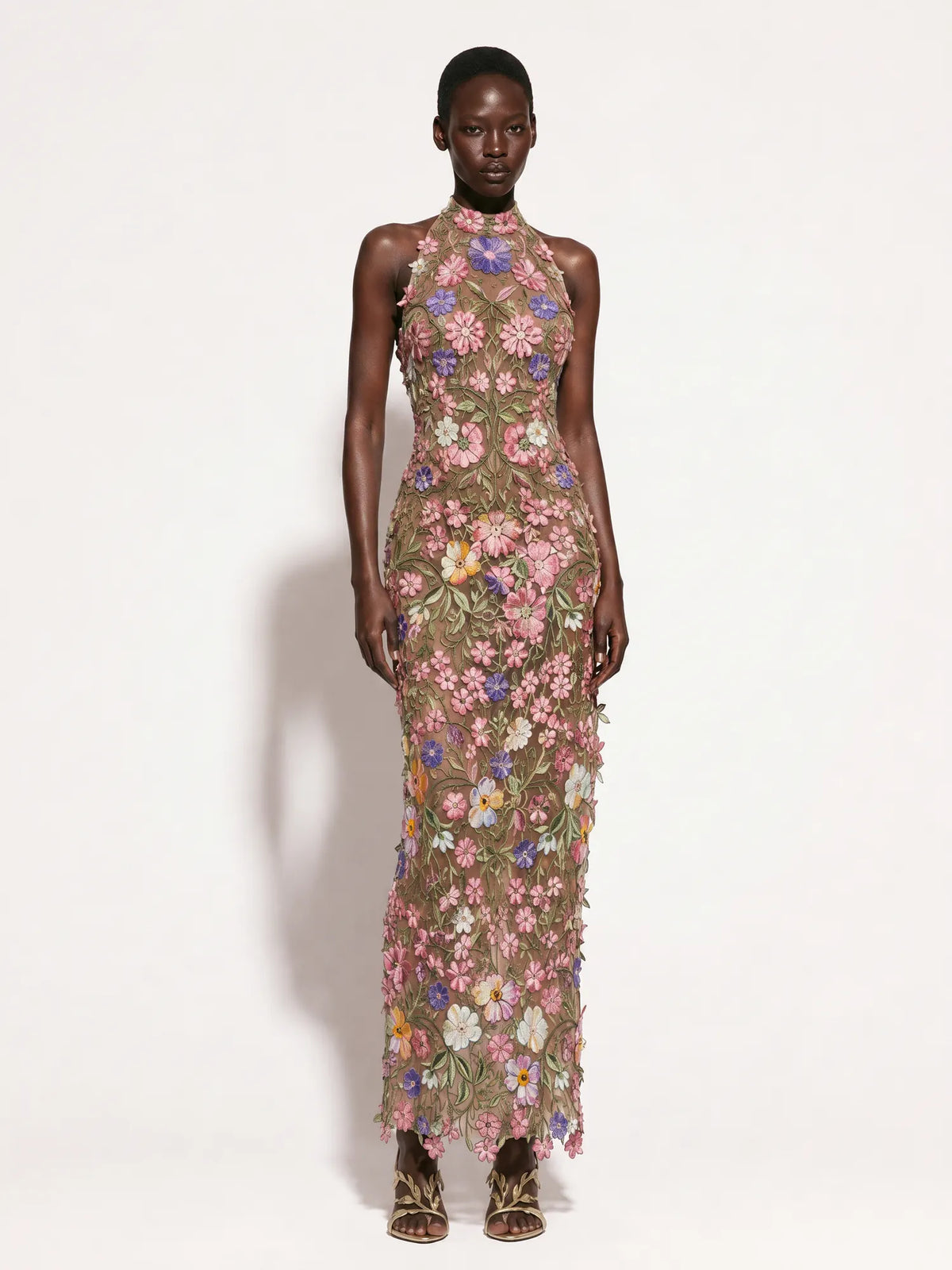 Adeline 3D Floral Details Halter-Neck Maxi Dress