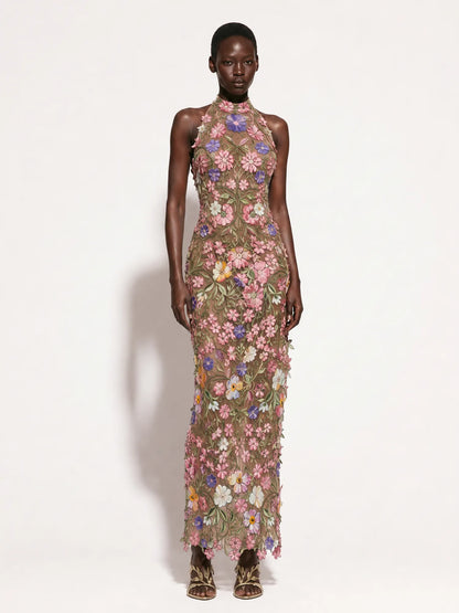 Adeline 3D Floral Details Halter-Neck Maxi Dress