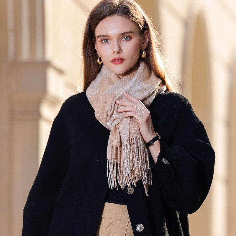 Color Block Plaid Fringe Scarf