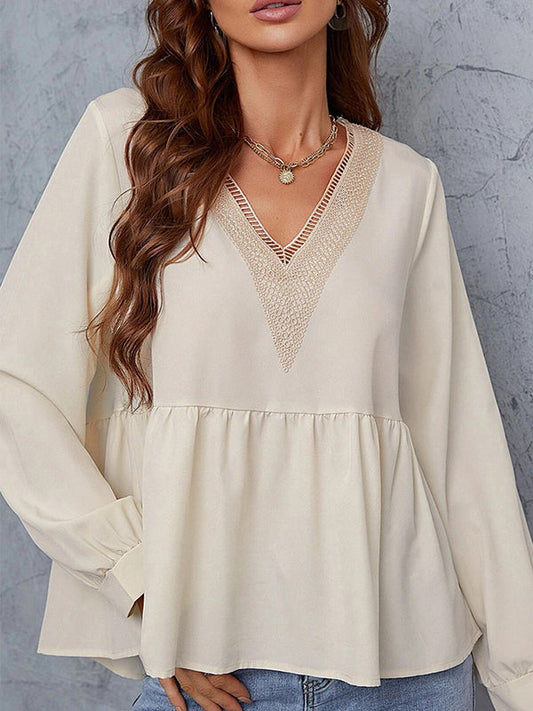 Long Sleeves Loose Embroidered Solid Color Split-Joint Blouses&Shirts Tops