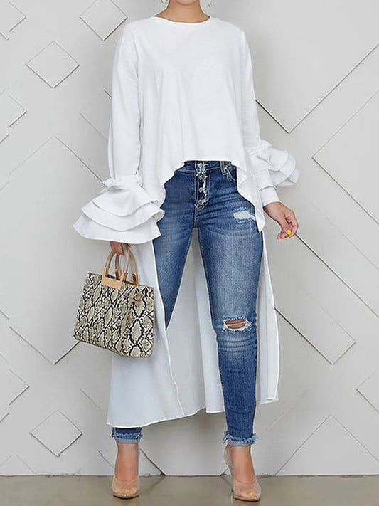 High-Low Loose Solid Color Split-Joint Tiered Round-Neck Blouses&Shirts Tops
