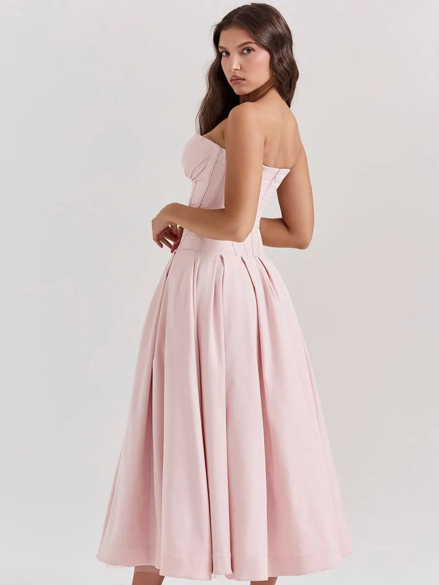 Savannah Off-Shoulder Corset Midi Dress In Pink
