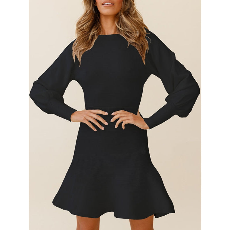 Puff Sleeves Wrap Solid Color Round-Neck Mini Dresses