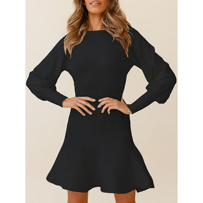 Puff Sleeves Wrap Solid Color Round-Neck Mini Dresses