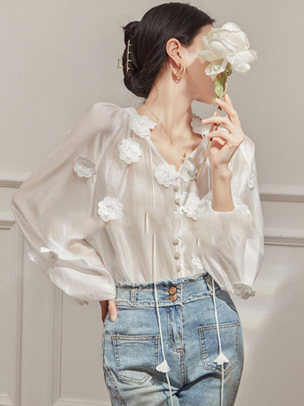 Loose Flower Shape Solid Color Tasseled V-Neck Blouses&Shirts Tops