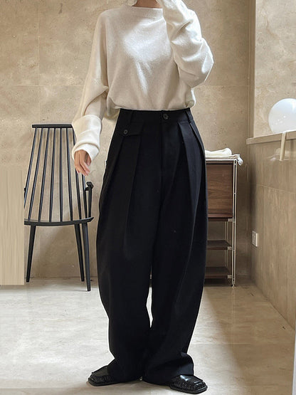 Loose Pleated Solid Color Casual Pants Bottoms