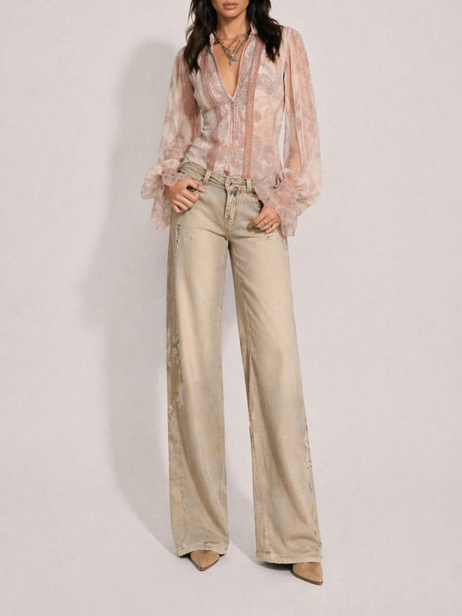 Cosima Faux Two-Piece Twisted Lace Flared-Sleeve Top