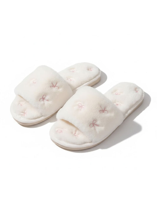 Bow Embroidered Plush Soft Slippers