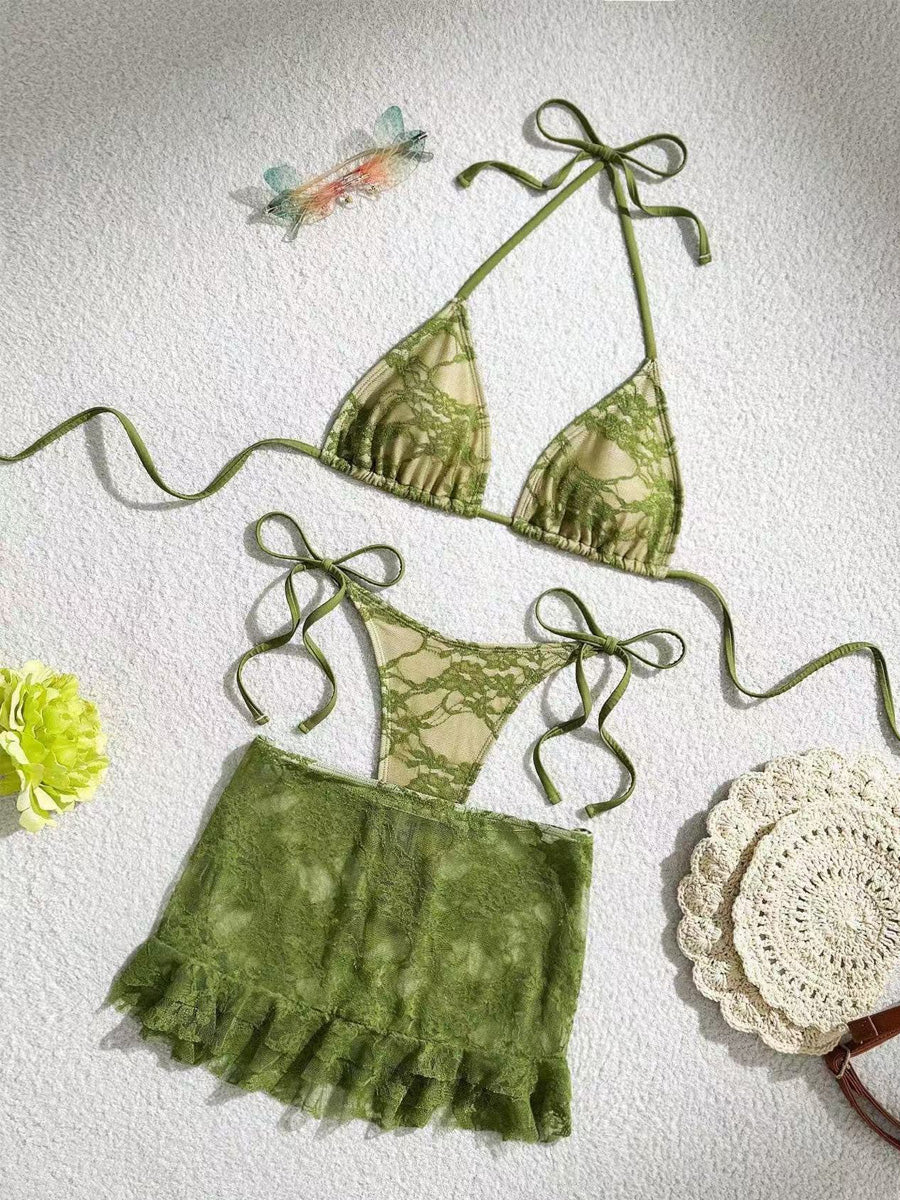 Inara Lace Tie-Up Bikini Three-Piece Set
