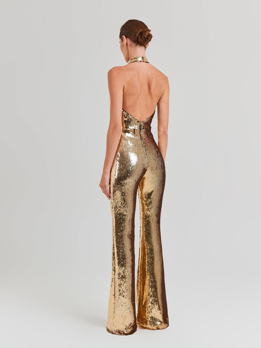 Enoch Backless Twisted Sequin Jumpsuit