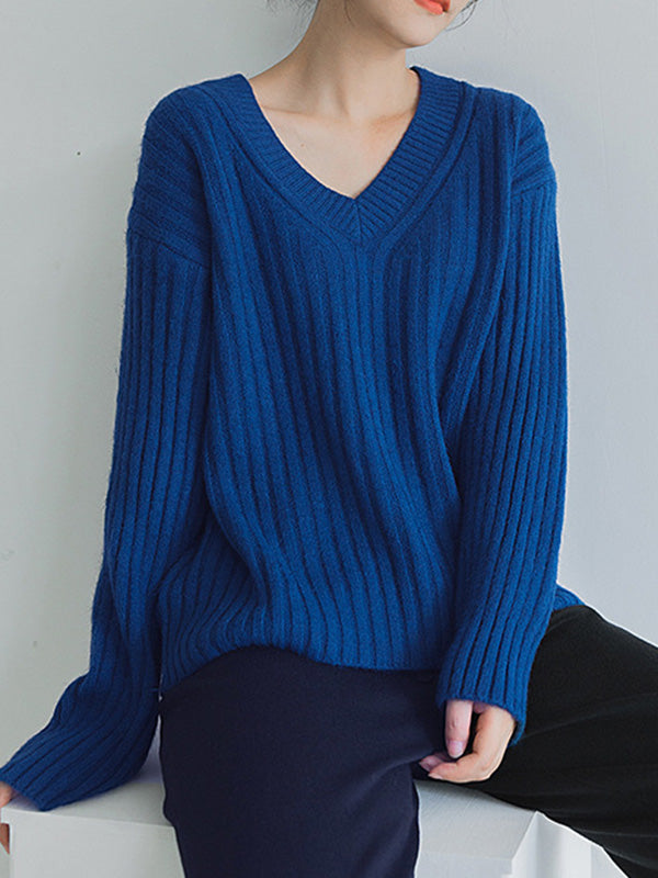 Casual Loose Solid Color V-Neck Sweater Tops