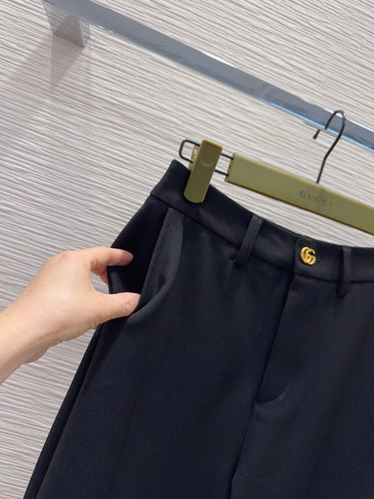GG Crêpe Elegant Trousers With Double G Button Black Wool 346702