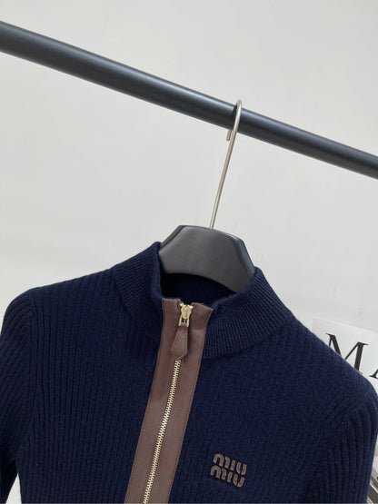 Miu Zipper Cardigan Navy Blue Sheep Wool 349754