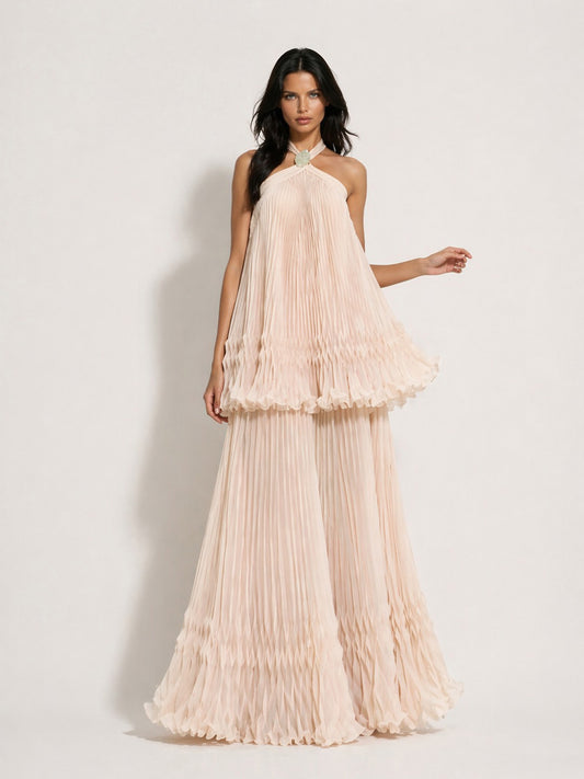 Kaia Halter-Neck Pleated Tiered Maxi Dress