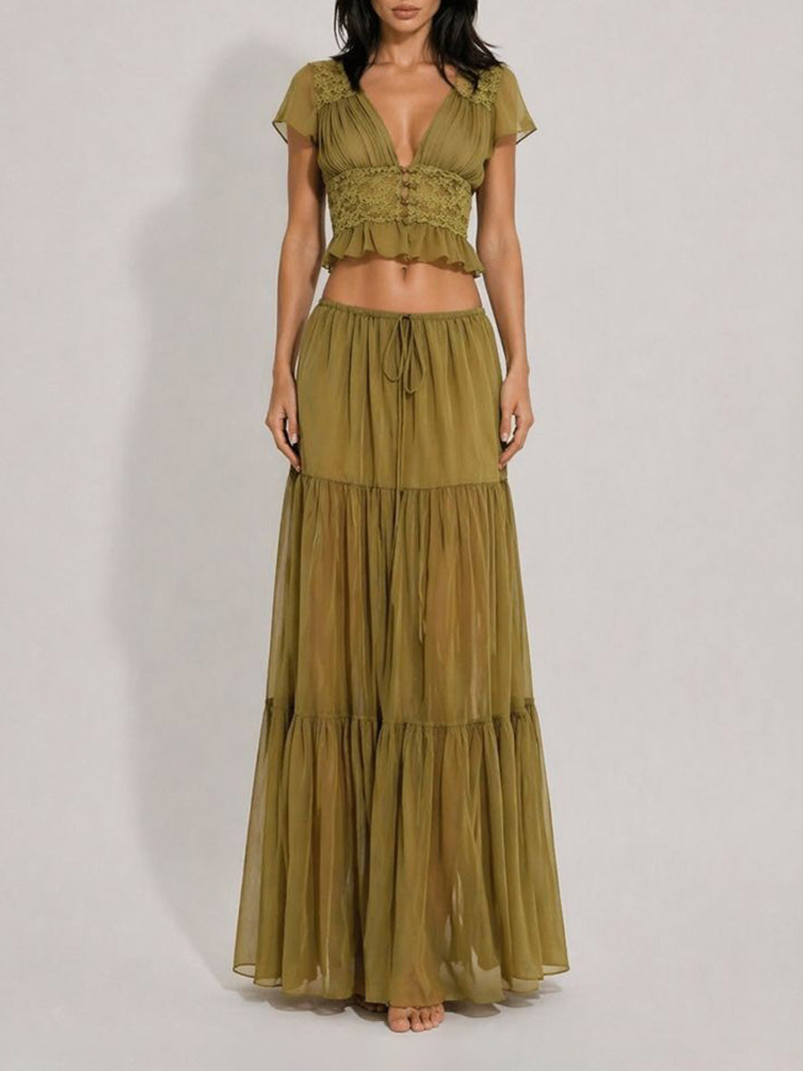 Mariana Mesh & Lace Deep V-Neck Maxi Skirt Set with Ruffles
