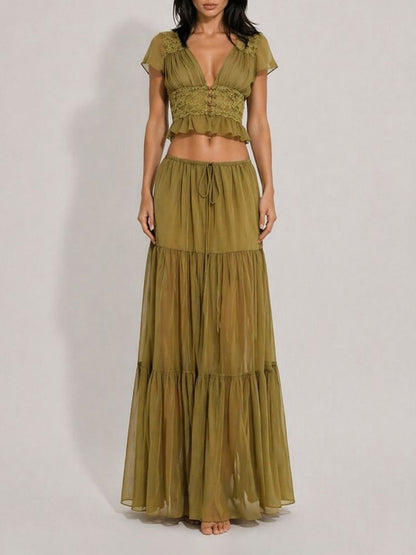 Mariana Mesh & Lace Deep V-Neck Maxi Skirt Set with Ruffles