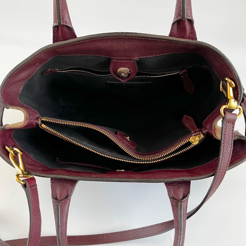 Burberry Burgundy Leather and House Check Canvas Medium Banner Tote