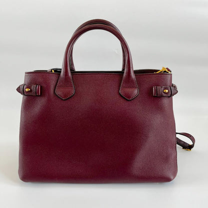 Burberry Burgundy Leather and House Check Canvas Medium Banner Tote