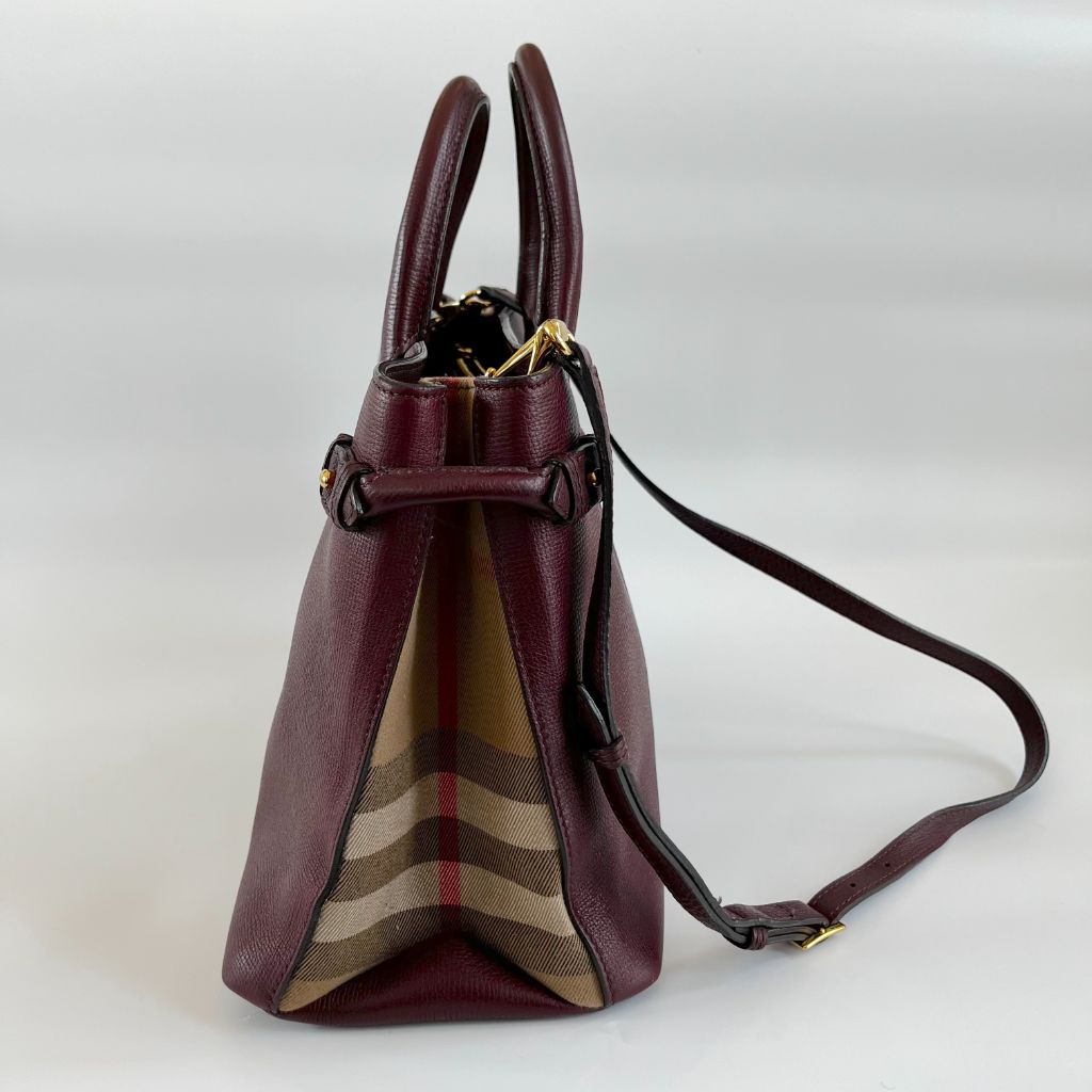 Burberry Burgundy Leather and House Check Canvas Medium Banner Tote