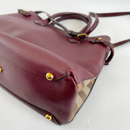 Burberry Burgundy Leather and House Check Canvas Medium Banner Tote