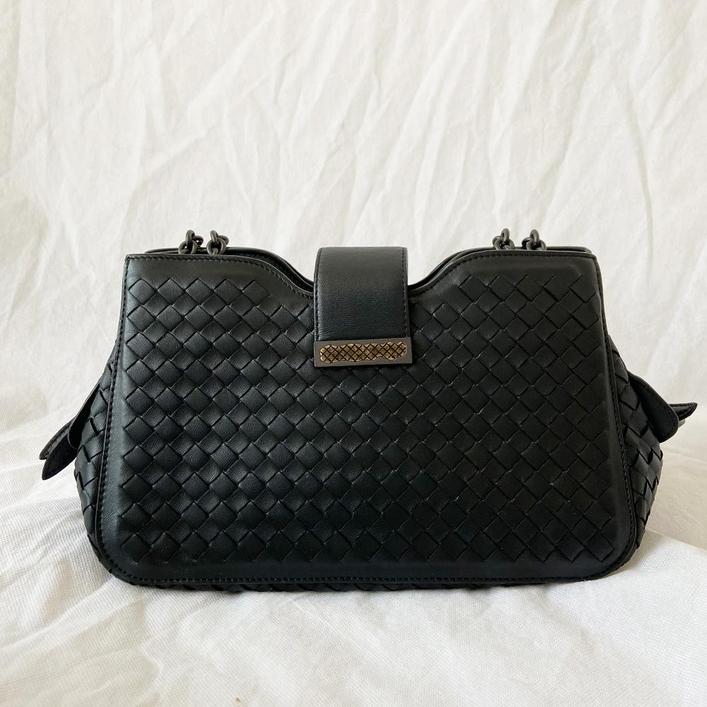 Bottega Veneta Black Intrecciato Leather Mini Roma Shoulder Bag