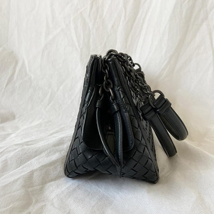 Bottega Veneta Black Intrecciato Leather Mini Roma Shoulder Bag