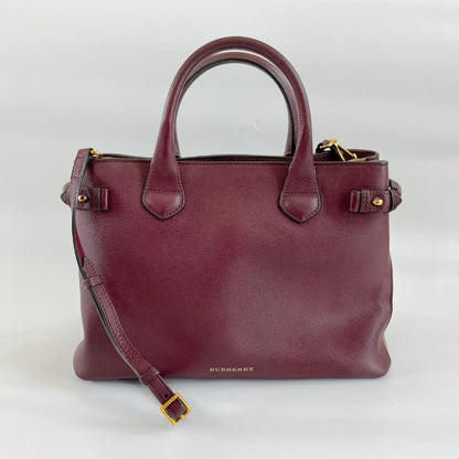 Burberry Burgundy Leather and House Check Canvas Medium Banner Tote