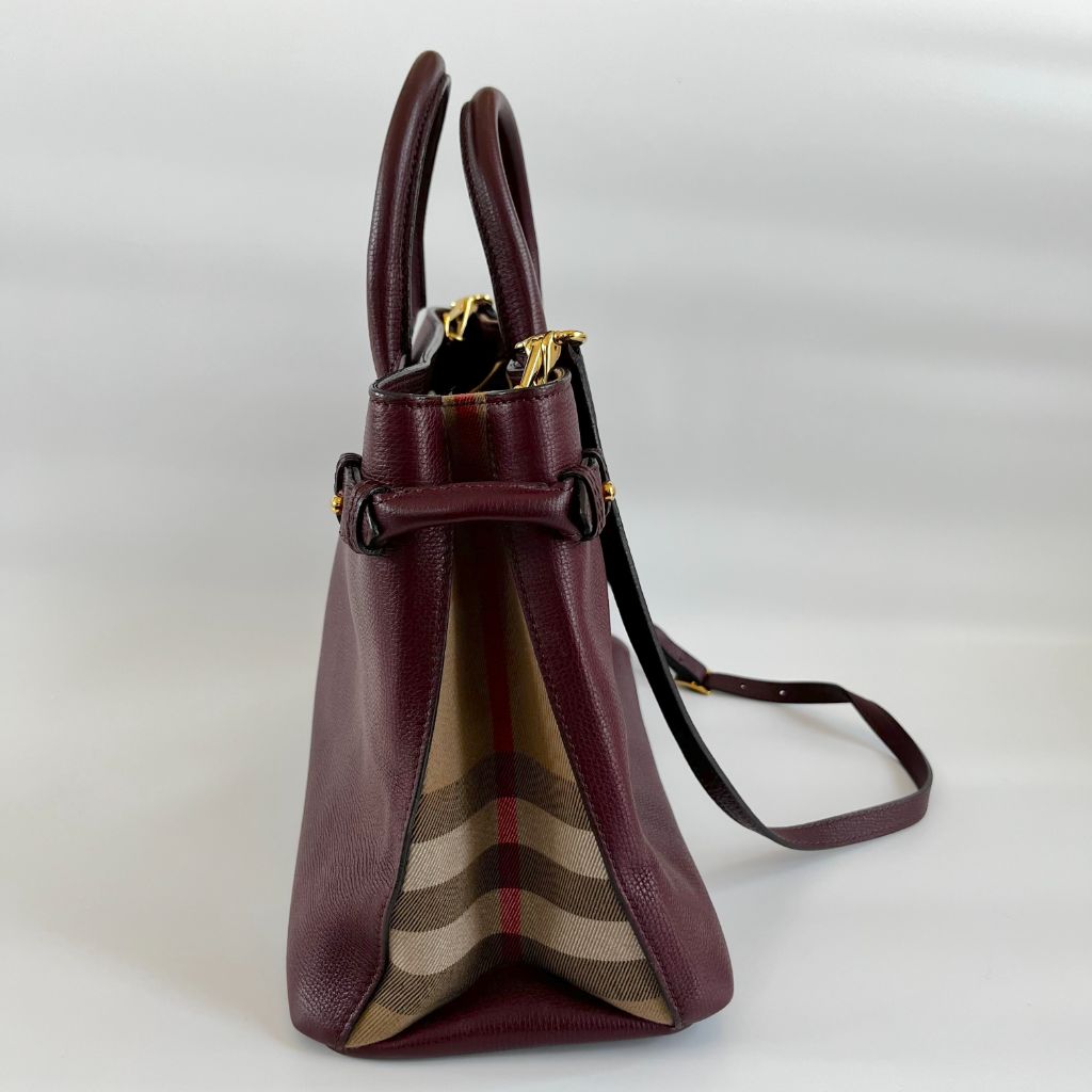 Burberry Burgundy Leather and House Check Canvas Medium Banner Tote