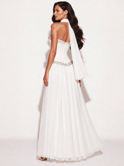 Adela Rhinestone-Embellished Pleated Strapless Top and Maxi Skirt Set