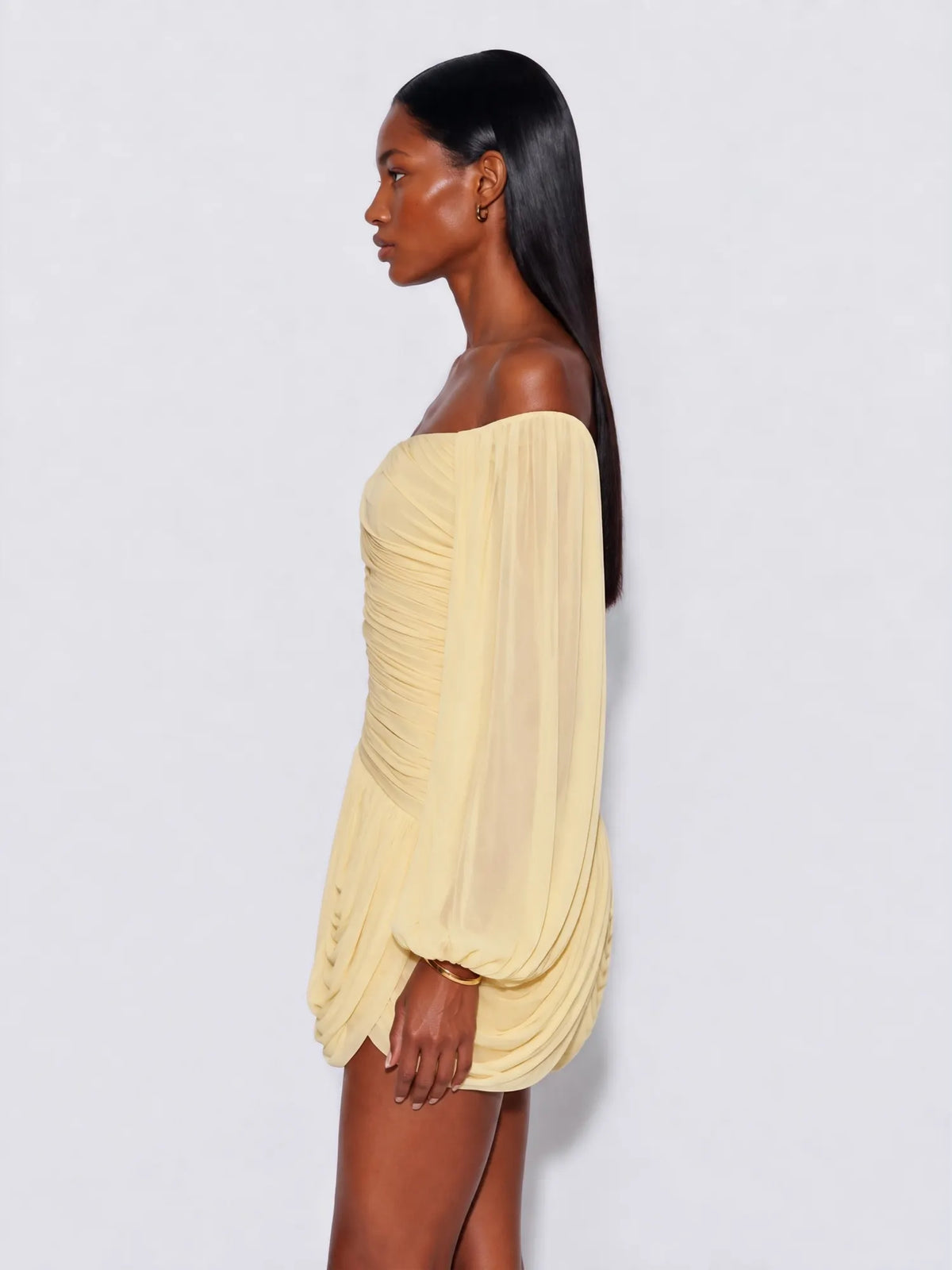 Arwen Off Shoulder Ruched Chiffon Mini Dress In Yellow