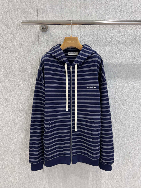 Miumiu 25FW Striped Zipper Hooded Sweatshirt Jacket Blue Cotton