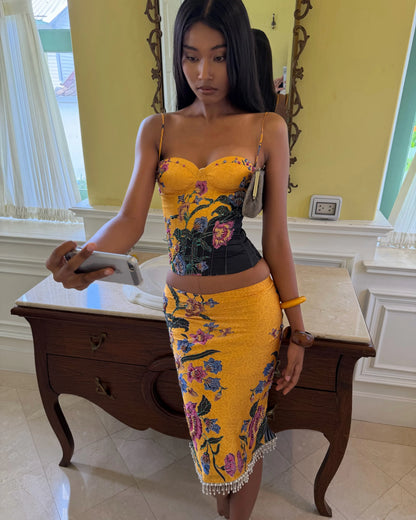 Liora Floral Corset Bead Trim Midi Two-Piece Set