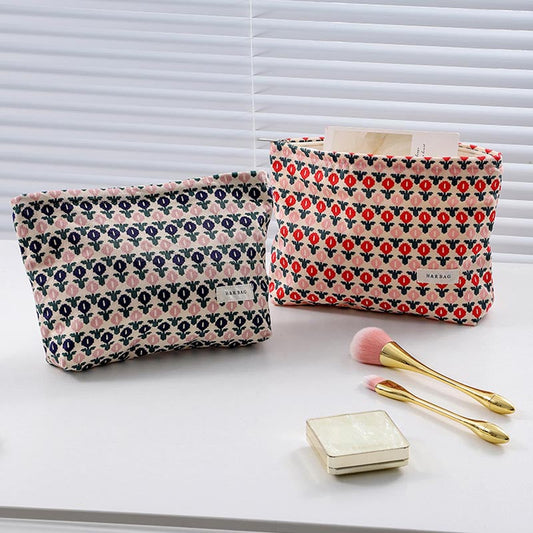 Vintage Floral Print Corduroy Makeup Bag
