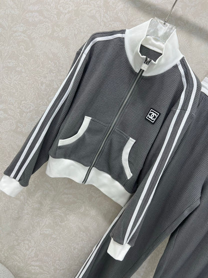 CC 25 Collar Jacket and Casual Trousers Waffle Suit Gray Rayon