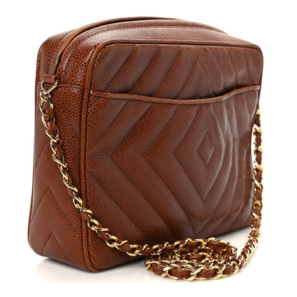 Caviar Chevron Quilted Tassel Camera Case Brown