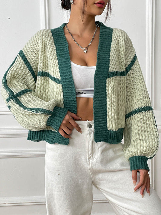 Long Sleeves Loose Contrast Color Cardigan Sweater Tops