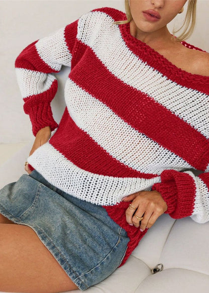 Striped Knit Boat Neck Sweater Navy White
