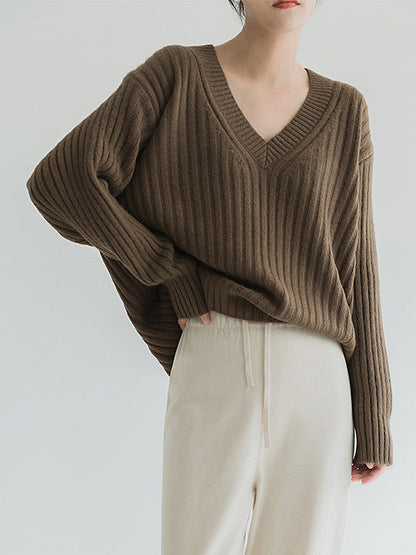Casual Loose Solid Color V-Neck Sweater Tops